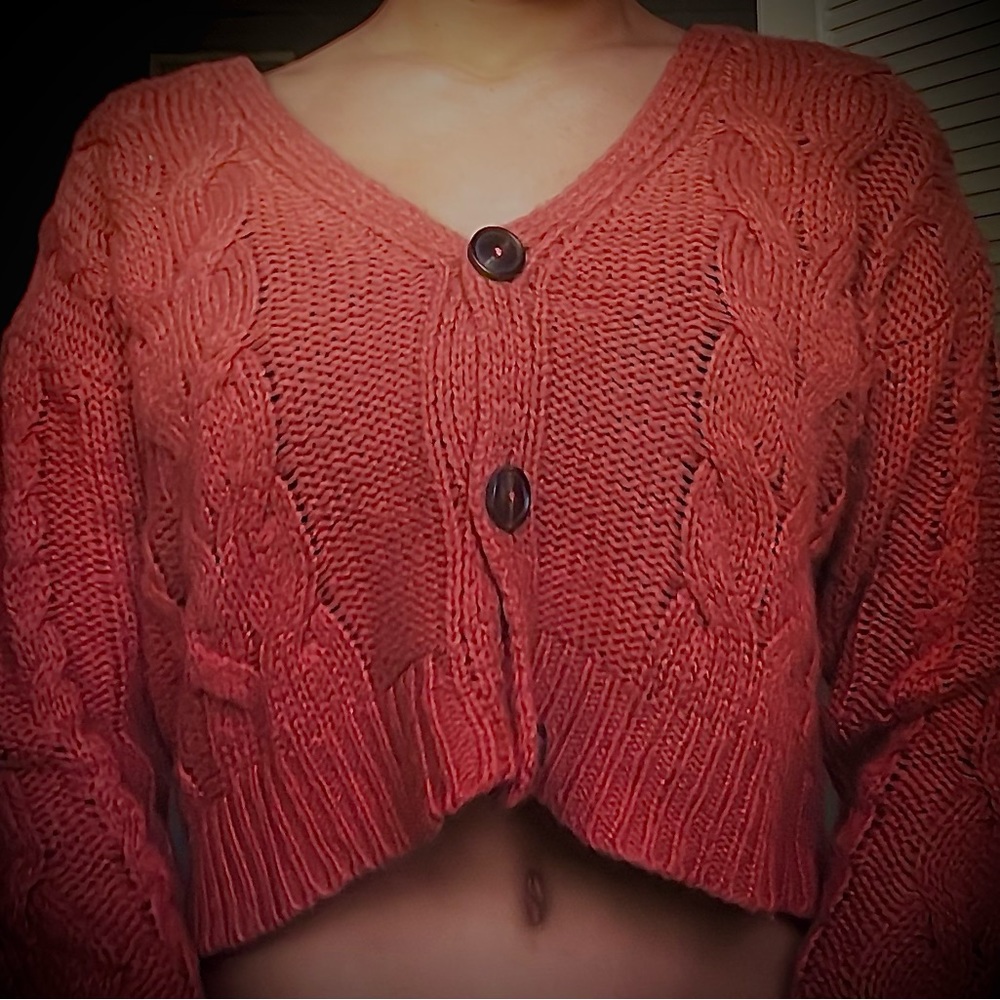 Coral cardigan cropped sweater.